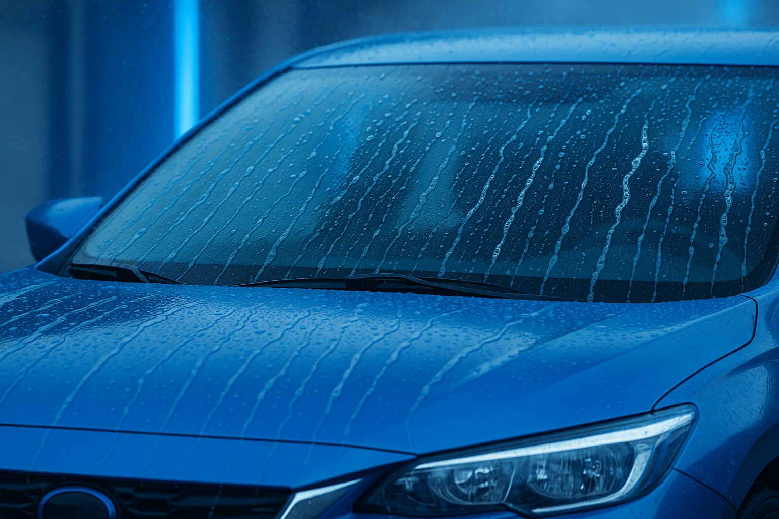 Auto blu pulita dopo il lavaggio, con gocce d'acqua sul parabrezza